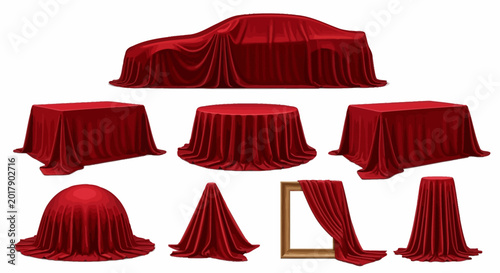 Foto Red velvet drapes, luxury covers, unveiling cloths, draped fabrics, 8 elements