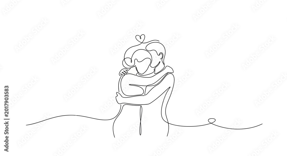 Fototapeta premium Couple Hugging Continuous Line Art with Heart Detail
