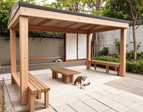 An outdoor wooden shelter with benches. Two cats are resting inside the structure and on the paved area, with greenery in the background