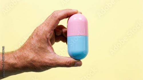 Human Hand Gripping Oversized Giant Pharmaceutical Capsule for Supplement Medicine Dosage Visualization in Health Campaigns