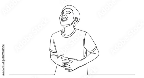 Cuadro en lienzo Joyful young man laughing heartily with eyes closed, one line drawing