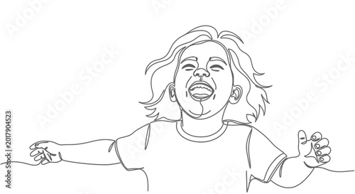 Photos Joyful Child Laughing with Arms Outstretched, Line Art Illustration