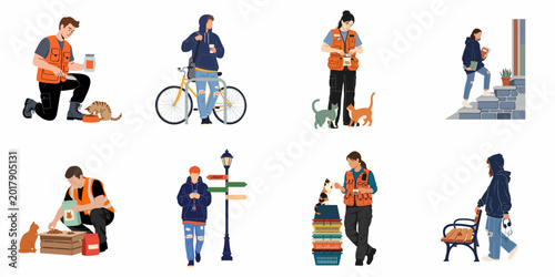 Set of Vector Illustrations Showing Volunteers Feeding Stray Cats and People Engaging in Daily Urban Activities and Commuting in the City