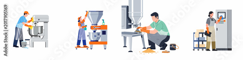 Set of professional workers cleaning and maintaining industrial food processing machinery in a factory setting, featuring people in aprons and gloves.