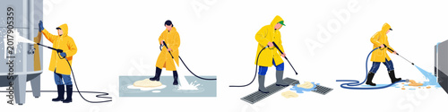 Vászonkép Industrial workers in yellow protective gear cleaning equipment and floors with high-pressure washers in a factory or food processing plant
