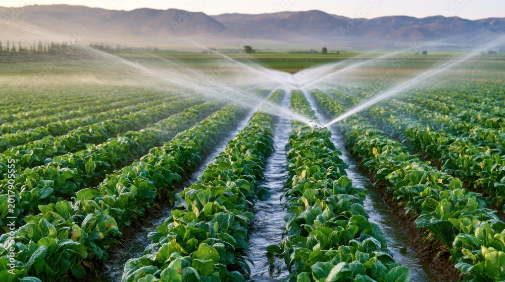 Fototapeta premium Sprinklers watering vast green crop rows, fine mist blankets plants at sunrise, mountain backdrop and distant ridgeline, even furrows and healthy leaves, precision irrigation promoting growth