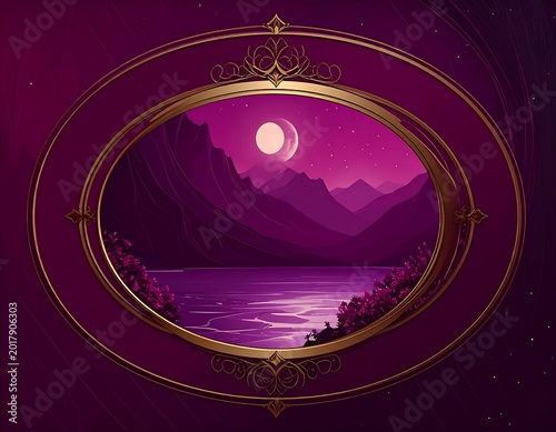 An oval-framed landscape captures a serene nighttime scene with a crescent moon, mountains, a lake, and lush foliage