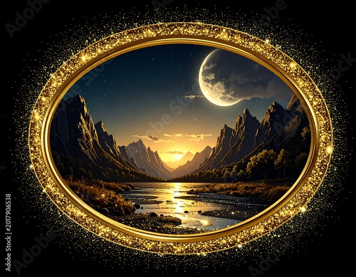 An oval golden frame encases a scenic landscape with mountains, a river, and a sunset under a crescent moon. The frame is surrounded by golden sparkles