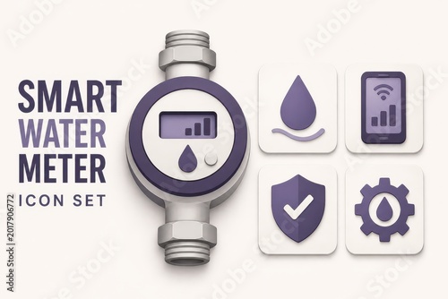 Smart water meter icon set with digital monitoring and IoT utility symbols