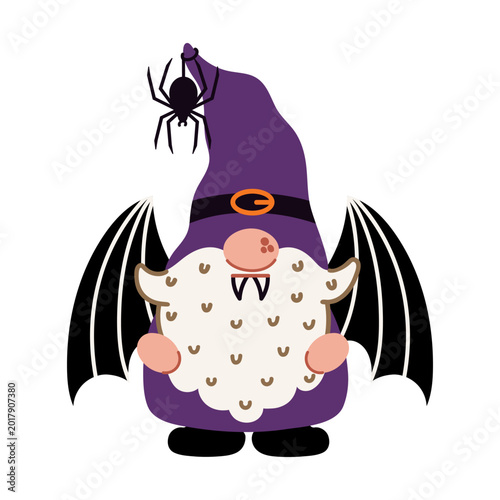 Cute Halloween gnome vampire, vector illustration. A bearded elf with spooky spider on his hat, bat wings, sharp fangs. A scary character, a funny Dracula costume. Hand drawn clipart, cartoon for kids