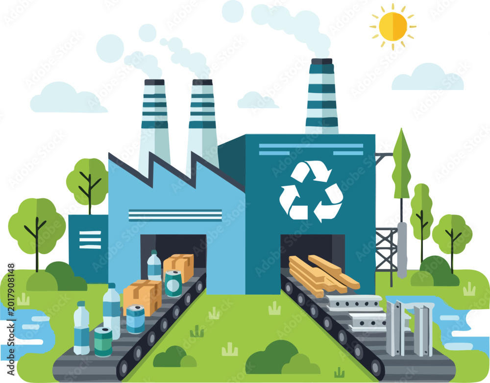 Naklejka premium Flat Vector Illustration of a Sustainable Recycling Factory Plant