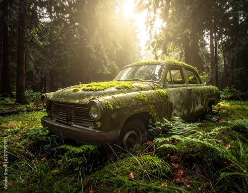 An old, abandoned car covered in moss sits in a lush green forest, sunlight shining through the trees