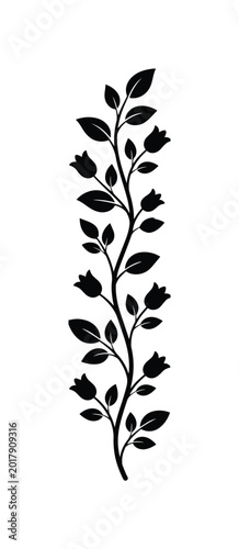 Canvastavla Black floral vine silhouette, elegant flower branch vector, decorative leaf stem