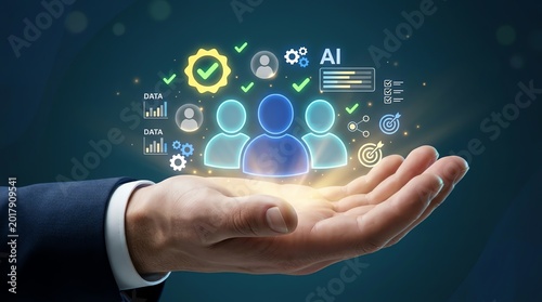 Business Hand Holding Digital Human Resources Team, AI Integration & Data Analytics for Future Technology Management and Corporate Development