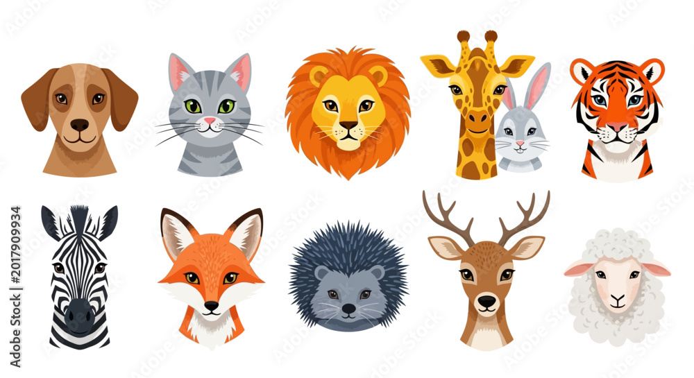 Fototapeta premium Cute animal icons, colorful wildlife symbols, cartoon zoo creatures, vector illustrations