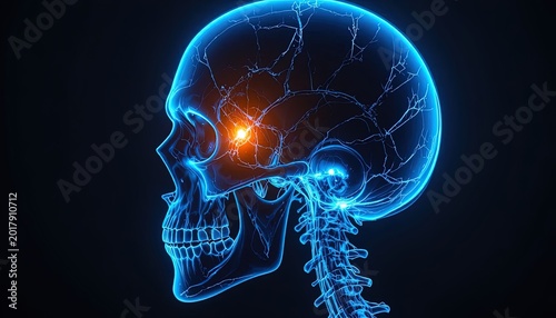 Human Skull Anatomical X-Ray View with Highlighted Nerve Connections, Medical Illustration for Healthcare, Science, and Education