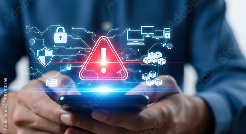Person holding smartphone displaying digital security warning alert technology desig