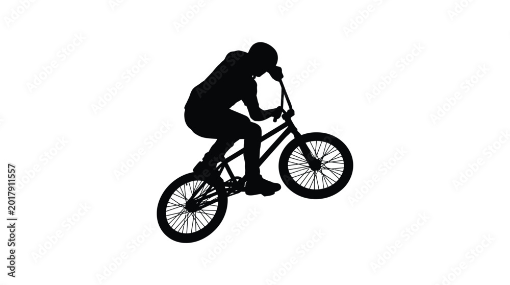 Naklejka premium Professional bmx rider performing a high jump stunt with a bicycle in this dynamic action photo capturing the extreme energy and skill of an athlete