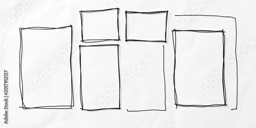 Whimsical, unevenly drawn frames in various shapes and sizes, sketched on textured paper,  playful,  illustration frame