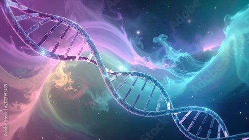 A DNA double helix floats against a colorful nebula background, stars sparkle