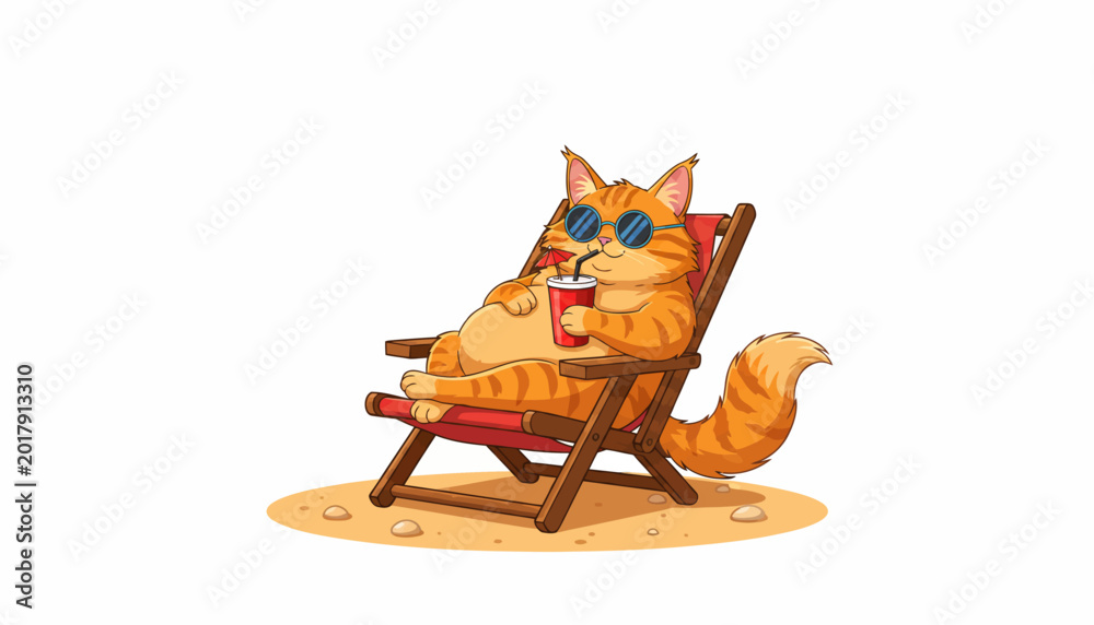 Obraz premium Funny cat in beach chair, summer vacation feline, cartoon orange cat, vector illustration