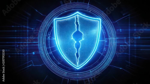 Glowing blue shield with a crack, surrounded by digital lines. Dark background