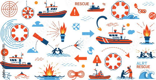 Tableau sur toile Marine Rescue and Emergency Illustration Set with Lifeboats, Life Rings, Distres