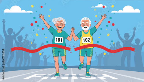 Senior Couple Crossing Marathon Finish Line Together Celebration
