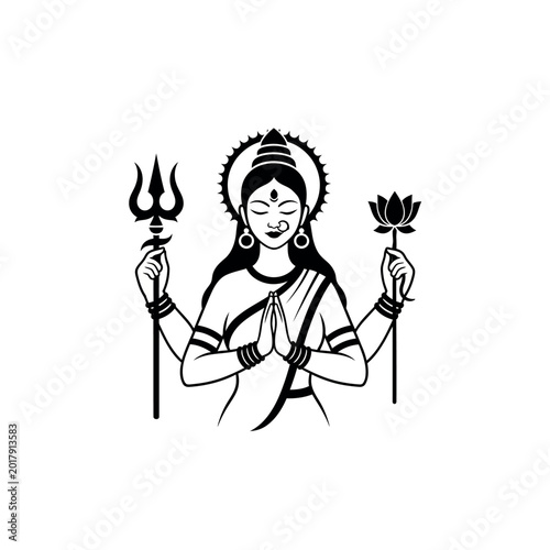 Illustration of Goddess Durga in prayer with trident and lotus.