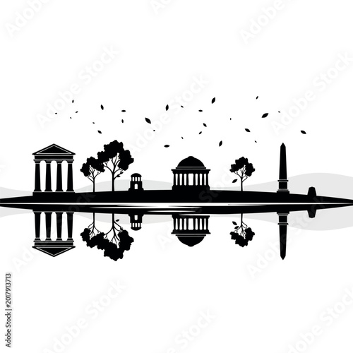Tableau sur toile Silhouette of Ancient Greek Architecture and Monuments Reflected in Water