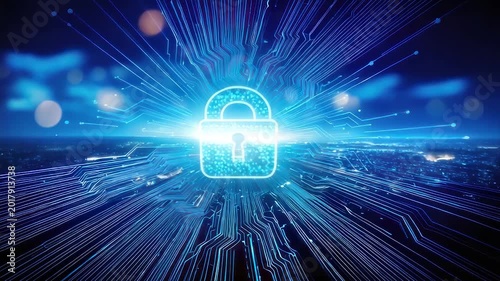 A glowing padlock at the center of a circuit board design over a city backdrop