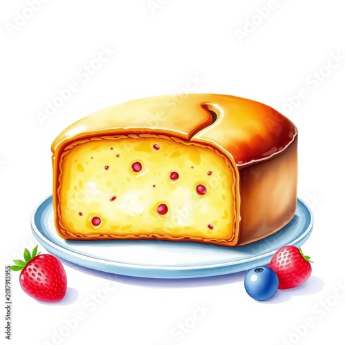 Watercolor illustration of a realistic madeleine cake, still life, table setting