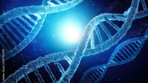 A glowing, blue DNA double helix structure with bright light and scientific background