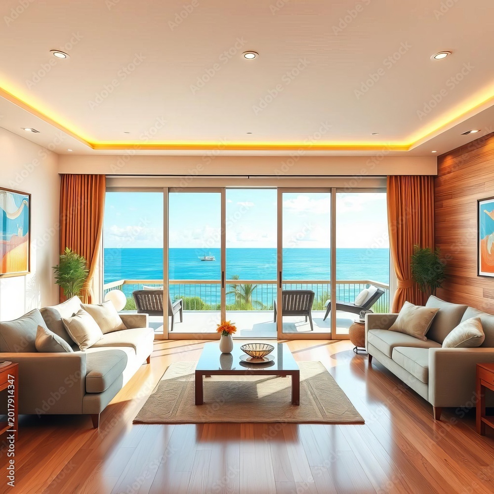 Fototapeta premium Cozy living room with sliding glass doors to ocean view, chairs, relaxing