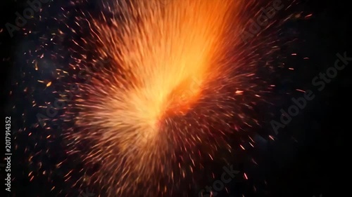 Abstract fiery burst, central bright core radiating outward into dark space, with sparks