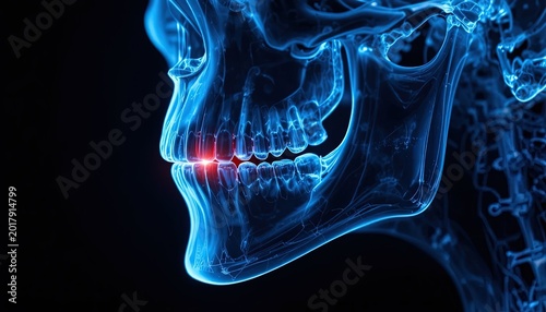 Human Skull X-Ray View with Pain Indication, Teeth and Jaw Bone Structure in Blue Light on Black Background