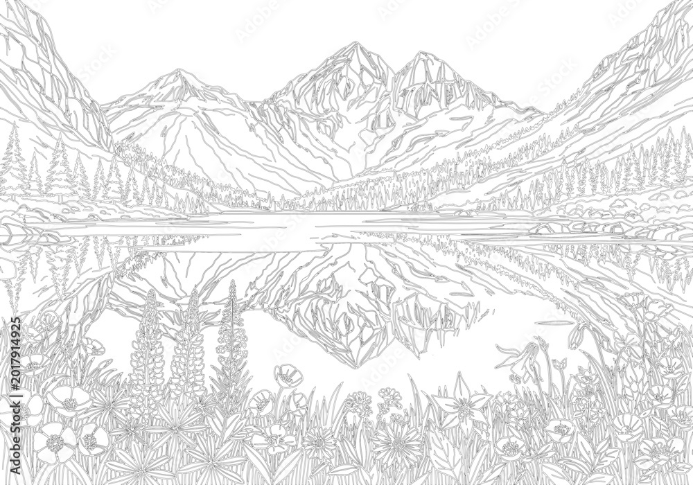 Obraz premium Mountain lake reflection with wildflowers during sunrise in linework vector silhouette style Isolated on white background