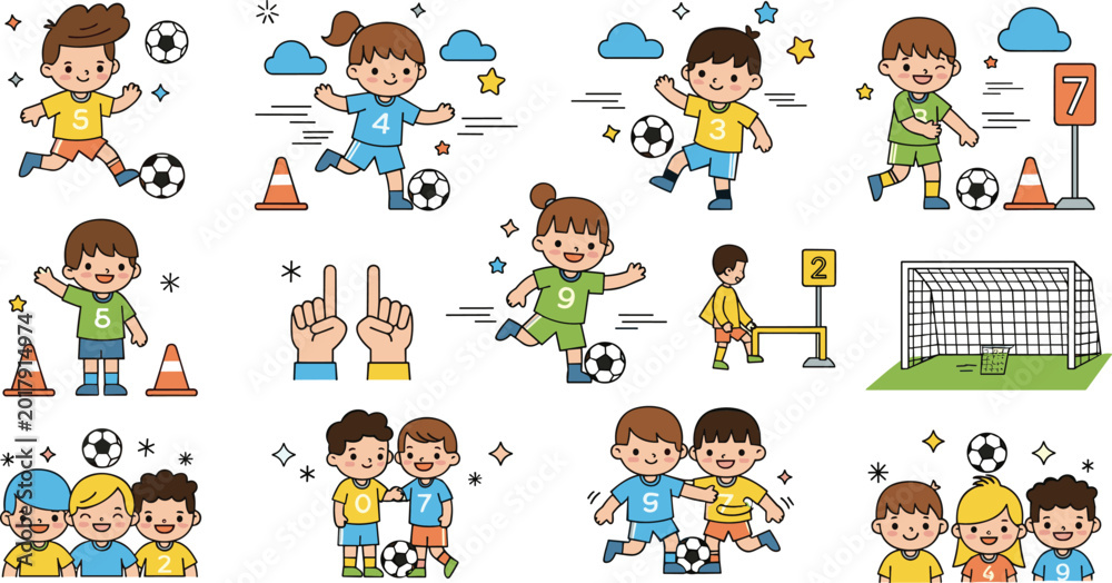 Fototapeta premium Kids Playing Soccer Illustration Set with Children Football Activities, Training Scenes, Teamwork, Outdoor Fun, and Sports Practice Concepts for Education and Recreation
