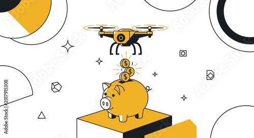 Drone depositing coins into a piggy bank for smart financial savings