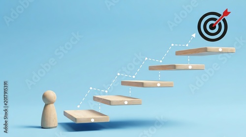 Progress Towards Business Goals Figure Navigating Steps to Hit Bullseye, Illustrating Strategic Planning and Achievement