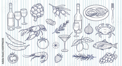 Foto Seafood, wine, and cocktail illustrations, fine dining elements, seafood icons,