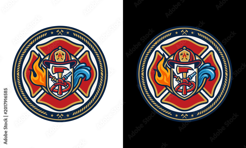 Fototapeta premium A graphic illustration of a shield and flames on a red and white emblem with a blue border on a white and black background.