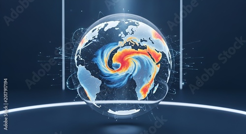 This digital photograph displays a glowing earth globe featuring swirling weather patterns and data connections captured in a high contrast shot.