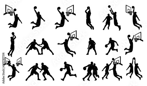 Tableau sur toile Dynamic Basketball Athlete Silhouettes with Hoop Action Jump Shots and Competiti