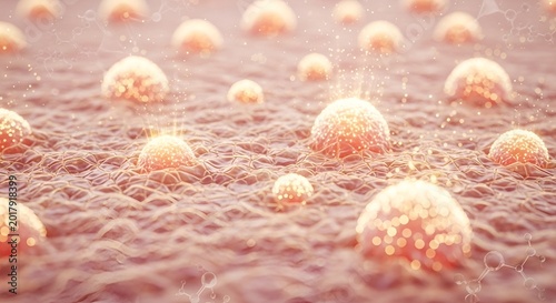 This microscopic photo shows active biological cells glowing with bright light particles on a textured surface of healthy human skin