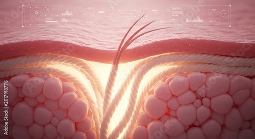 This detailed medical photograph displays the structural layers of human skin with hair follicles illuminated by a soft internal glow.