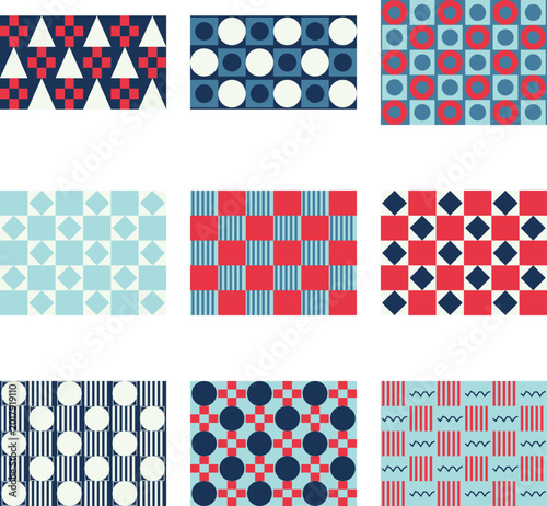 Red white and blue geometric abstract pattern with stripes