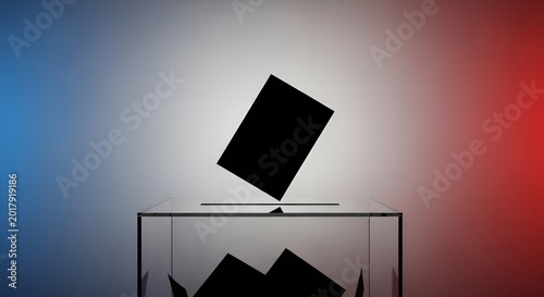 A clear glass ballot box captures a single black paper being inserted during an important national democratic election voting process