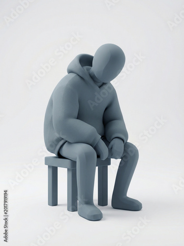 A lone, grey figure in a hoodie sits slumped on a stool, head bowed in quiet despair, embodying the profound weight of depression, loneliness, and the silent struggle with mental health