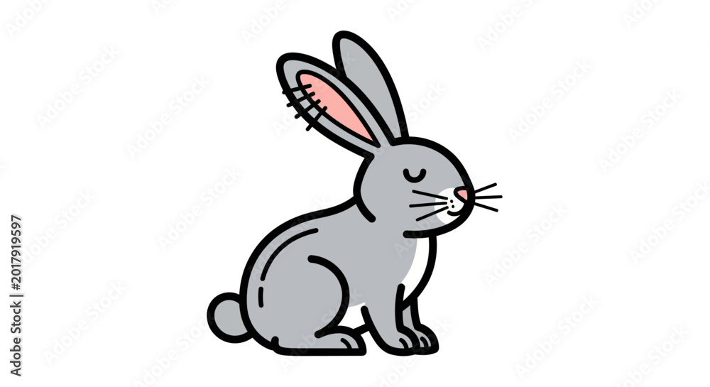 Obraz premium Cute gray rabbit vector, cartoon bunny illustration, pink nose, simple animal design, clip art